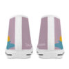 Back view of the Watercourse high-top sneakers by Tamalpais, featuring a soft lavender background with a minimalist sun and river shape in yellow and teal.