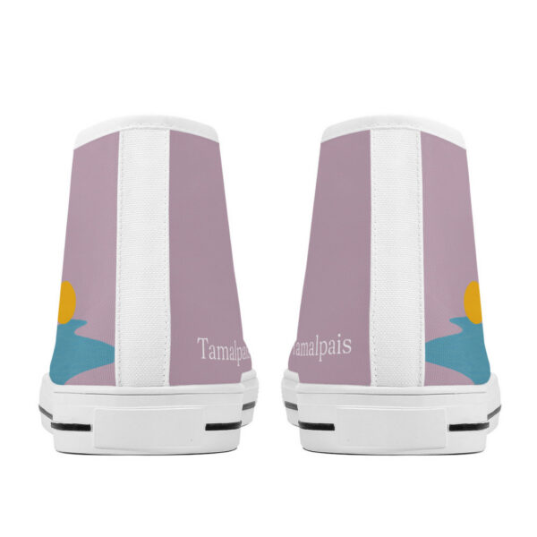 Back view of the Watercourse high-top sneakers by Tamalpais, featuring a soft lavender background with a minimalist sun and river shape in yellow and teal.