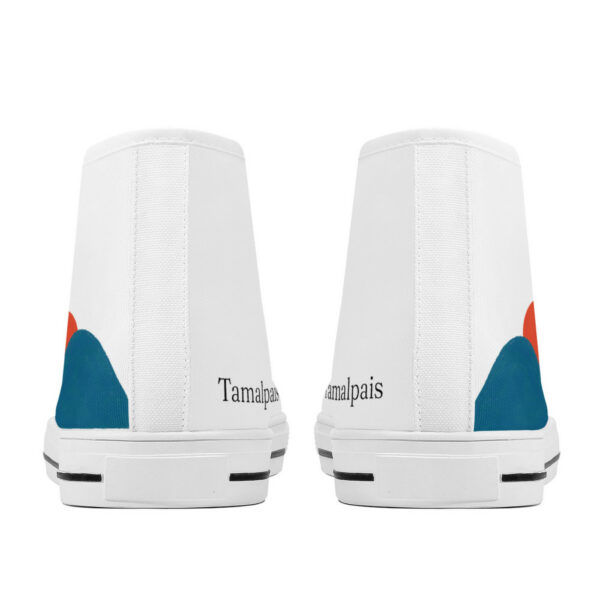 Back view of the Sunrise sneakers by Tamalpais, featuring minimalist sun and mountain shapes in red and blue on a white canvas.