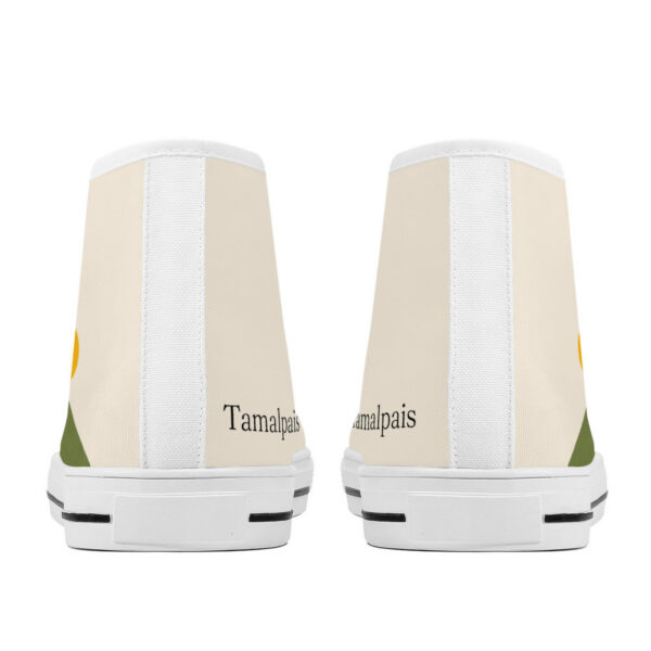 Back of “Zénith” high-top sneakers featuring a subtle sun and mountain wrapping design, and “Tamalpais” wordmark near the heel.