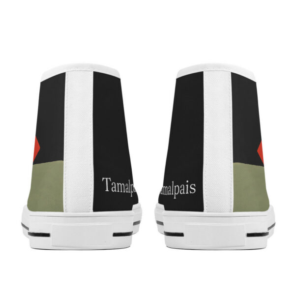 Back view of the Etel high-top sneakers by Tamalpais, featuring the brand name and minimalist color blocks in black, olive green, and red.