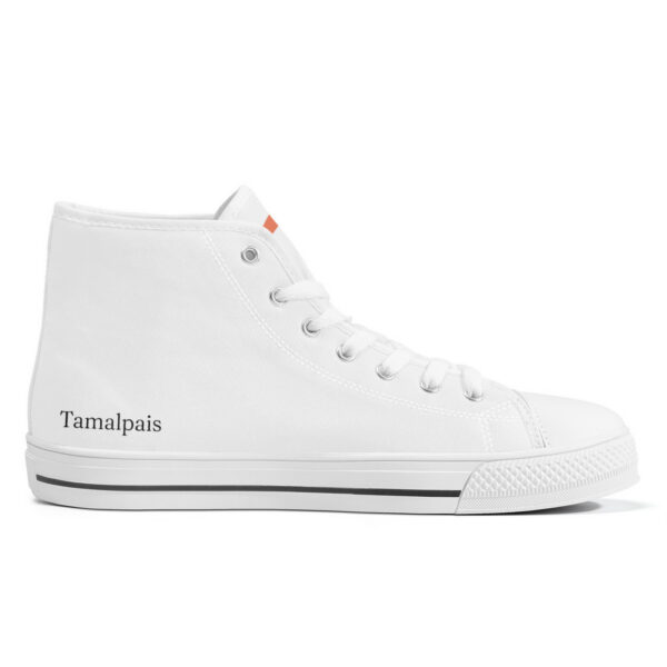 Inner left side of the Sunrise sneaker, pure white with subtle 'Tamalpais' branding in black near the heel.