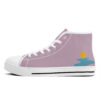 Outer left side of the Watercourse sneaker, displaying a flowing teal shape and a yellow circle evoking a river and sun on a purple background.