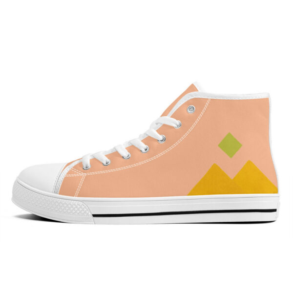 Left outside view of the 'Pyramids' sneaker, with stylized yellow pyramids and a green diamond shape on a peach background.