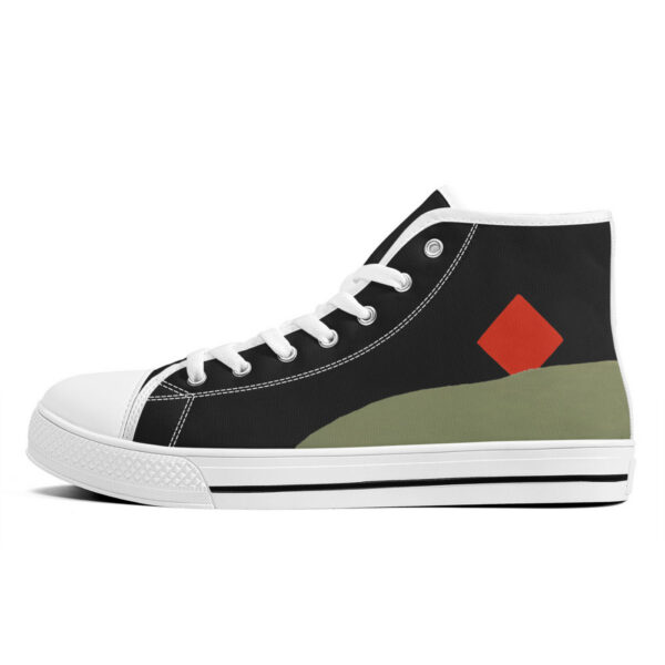 Outer left view of the Etel sneaker, featuring a bold olive green landscape curve and a red diamond shape on a black background.