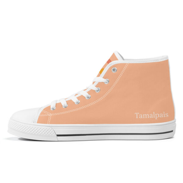 Right inside view of the 'Pyramids' sneaker, clean peach color with 'Tamalpais' printed near the heel.