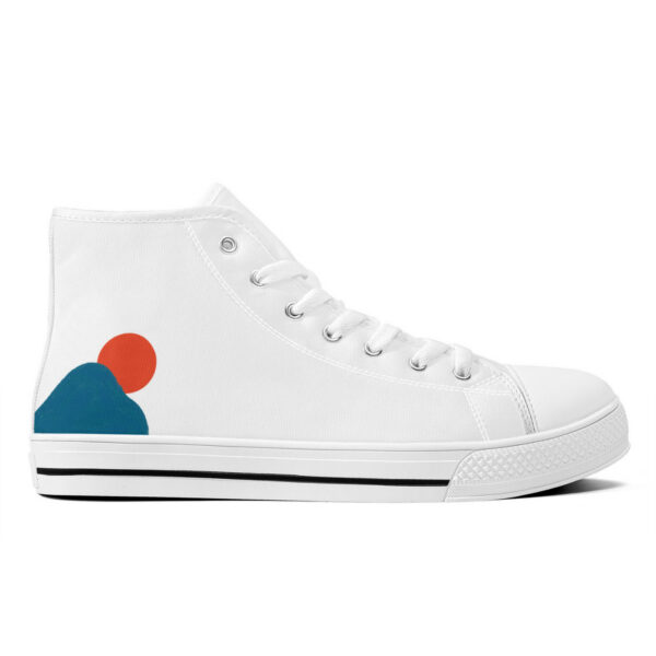 Outer right view of the Sunrise sneaker, showing a modern abstract landscape with a sun and a stylized peak in bold contrasting colors.