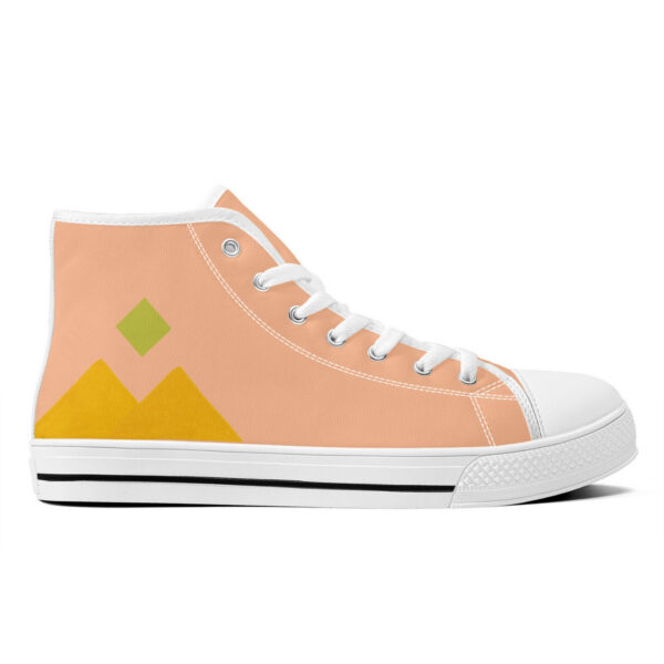 Right outside view of the 'Pyramids' sneaker, displaying the geometric mountain-inspired yellow and green shapes on peach canvas.