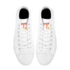 Top-down view of the Sunrise sneakers, showing white laces and the signature Tamalpais 'T' logo in coral and yellow on the tongue.