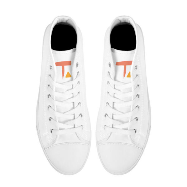 Top-down view of the Sunrise sneakers, showing white laces and the signature Tamalpais 'T' logo in coral and yellow on the tongue.
