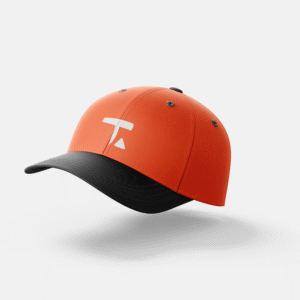 Side view of Tamalpais red cap with white logo