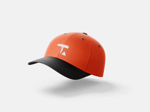 Side view of Tamalpais red cap with white logo
